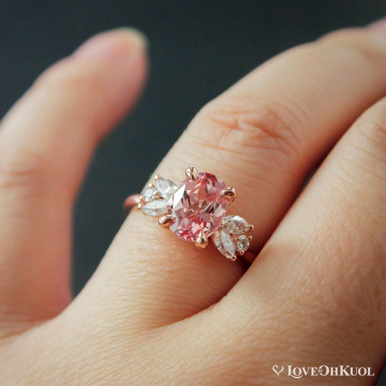 Rose Gold Oval Peach Sapphire Floral Engagement Ring, Diamond Free Sapphire Floral Cluster Wedding Ring, Prong Set Sapphire Ring image 8