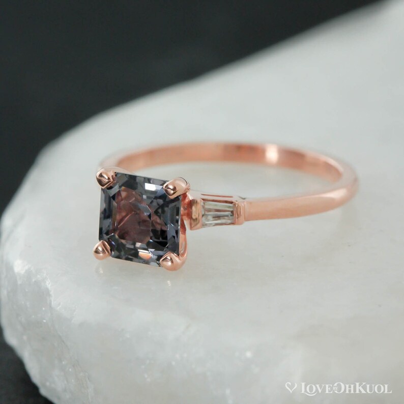 Rose Gold 3 Stone Asscher Cut Grey Spinel Engagement Ring, Spinel Diamond Trilogy Bridal Ring, Unique Engagement Ring, Alternative Wedding image 3