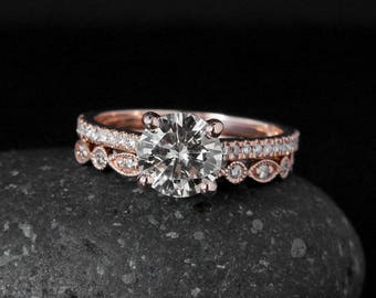 Forever One Colorless Moissanite Vintage Wedding Ring Set – Half Eternity Band – 14kt Rose Gold