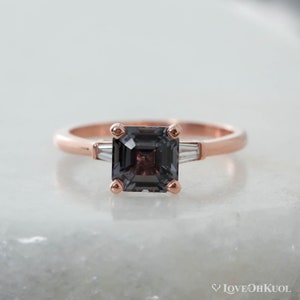 Rose Gold 3 Stone Asscher Cut Grey Spinel Engagement Ring, Spinel Diamond Trilogy Bridal Ring, Unique Engagement Ring, Alternative Wedding image 1