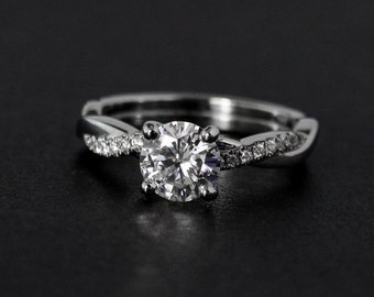 White Gold Moissanite Engagement Ring, Twisted Band, Lab Grown Diamond Accent