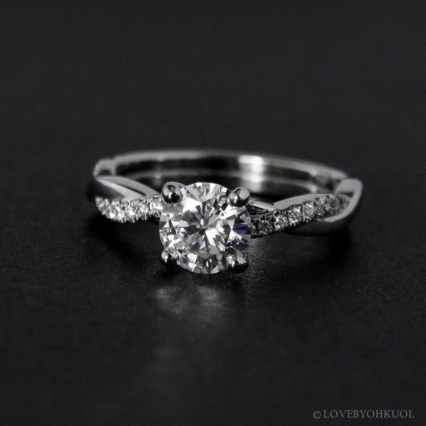 White Gold Moissanite Engagement Ring, Twisted Band, Lab Grown Diamond Accent