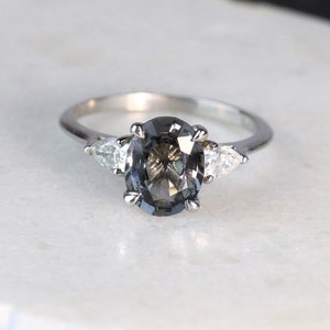 Grey Spinel and Moissanite 3 Stone Engagement Ring Diamond Free Ring Classic Wedding Ring Oval Spinel Ring Trilogy Ring image 1