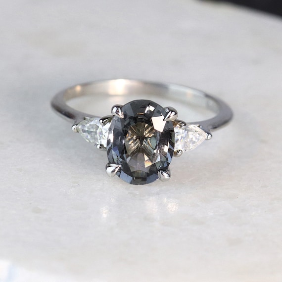Grey Spinel and Moissanite 3 Stone Engagement Ring Diamond Free
