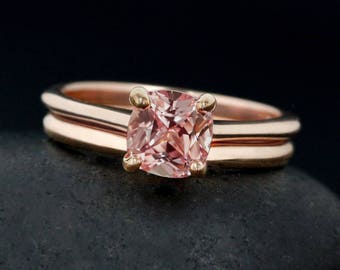 Rose Gold Cushion Cut Champagne Peach Sapphire Ring, Chatham Lab Created Sapphire Solitaire, Comfort Fit Wedding Band, Gift for Wife