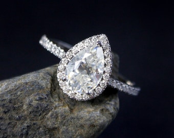 Forever One Moissanite Diamond Halo Pear Cut Engagement Ring 14K White Gold Handmade 18K Engagement Ring Gift for Wife