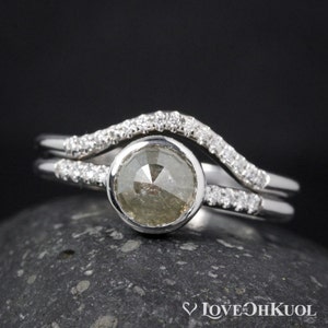 White Gold Grey Diamond Ring - Grey Rose Cut Diamond - Curved Band, Bridal Set