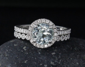 Blue Aquamarine Engagement Ring with Diamond Wedding Band - Halo Diamond Ring