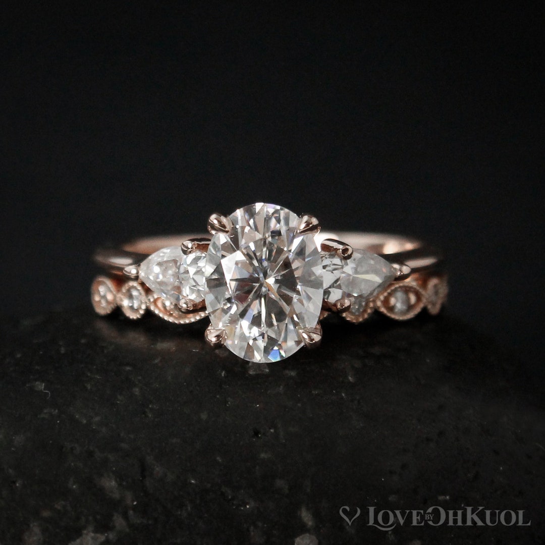 Rose Gold Forever One Colorless Oval and Pear Cut 3 Stone - Etsy