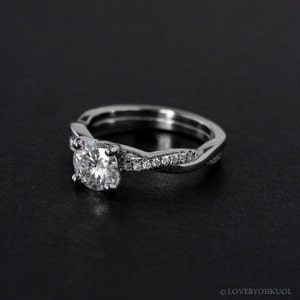 White Gold Forever One Round Brilliant Cut Colorless Moissanite Engagement Ring, Twisted Band Ring image 2