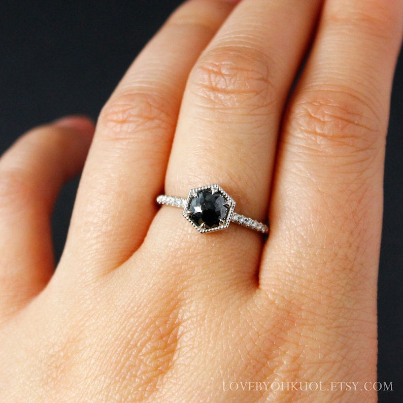 Rose Cut Black Diamond Ring - Micro Pave Diamond Band - Choose Your Setting image 3