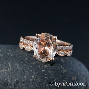 Oval Pink Morganite Solitaire Ring and Vintage inspired Milgrain Leaf Wedding Band Set - 14kt Rose Gold