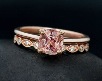 Rose Gold 4 Prong Set Cushion Cut Peach Sapphire Solitaire Engagement Ring, Art Deco Milgrain Modern Wedding Band