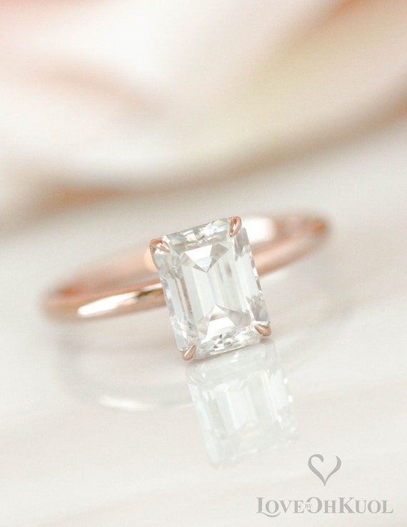 Emerald Cut Moissanite Engagement Ring: 14K Rose Gold Petal Solitaire