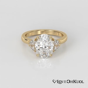 Oval Lab Grown Diamond Three Stone Engagement Ring: 2.46 Carat, Half Moon Accents