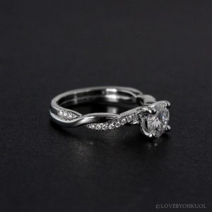 White Gold Forever One Round Brilliant Cut Colorless Moissanite Engagement Ring, Twisted Band Ring image 3