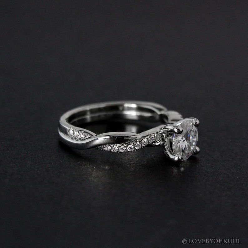 White Gold Forever One Round Brilliant Cut Colorless Moissanite Engagement Ring, Twisted Band Ring image 3