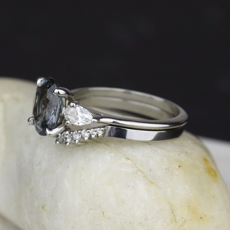 Oval Gray Spinel Engagement Ring Curved Wedding Band Bridal Etsy