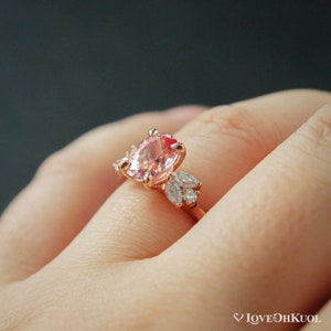 Rose Gold Oval Peach Sapphire Floral Engagement Ring, Diamond Free Sapphire Floral Cluster Wedding Ring, Prong Set Sapphire Ring image 6