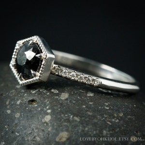 Rose Cut Black Diamond Ring - Micro Pave Diamond Band - Choose Your Setting image 2