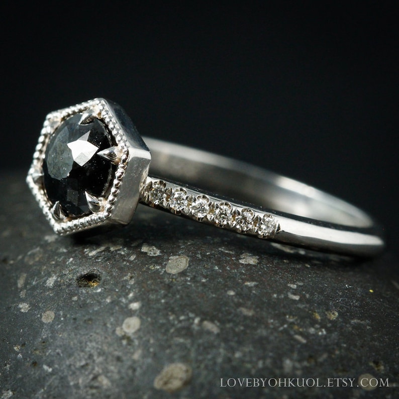 Rose Cut Black Diamond Ring - Micro Pave Diamond Band - Choose Your Setting image 2