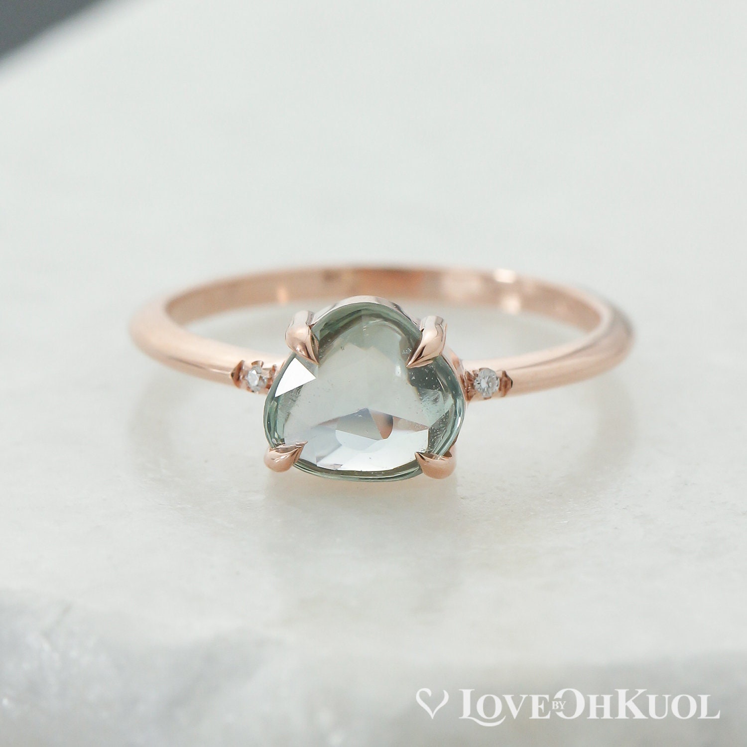 Rose Cut 3 Stone Green Sapphire Diamond Ring Untreated Sapphire