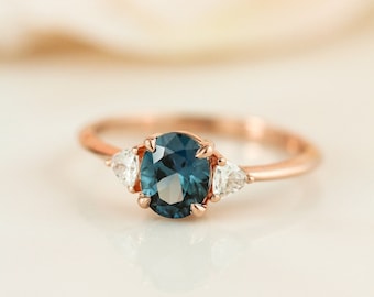 Oval Cut Teal Sapphire Engagement Ring, Rose Gold Peacock Sapphire 3 Stone Ring, Teal Sapphire Wedding Ring