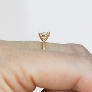 Yellow Gold Cushion Cut Forever One Moissanite Solitaire Engagement Ring, Dainty Moissanite Bridal Ring, Prong Set Low Profile Ring image 9