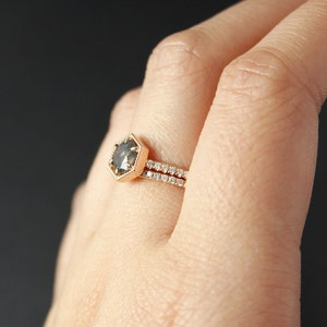 Rose Gold Smoky Grey Diamond Ring, Brilliant Cut Diamond, Micro Pave Diamond Wedding Band, Art Deco Hexagon Ring, 6 Prong Ring image 5
