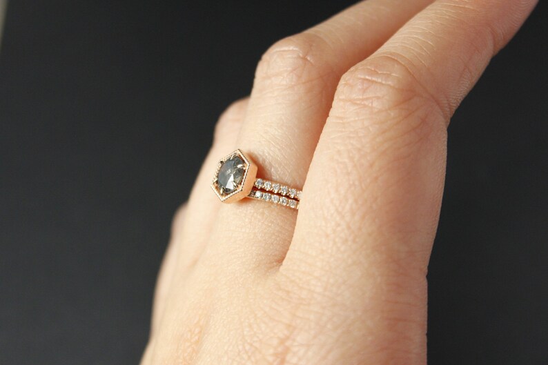 Rose Gold Smoky Grey Diamond Ring, Brilliant Cut Diamond, Micro Pave Diamond Wedding Band, Art Deco Hexagon Ring, 6 Prong Ring image 5