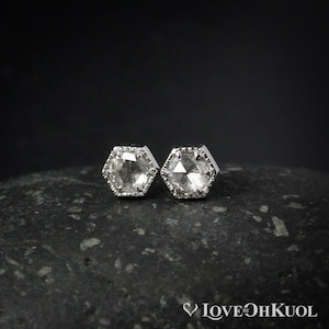White Gold Hexagon Rose Cut Diamond Stud Earrings: Milgrained Prong Set