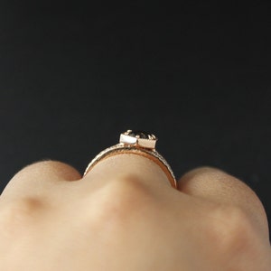 Rose Gold Smoky Grey Diamond Ring, Brilliant Cut Diamond, Micro Pave Diamond Wedding Band, Art Deco Hexagon Ring, 6 Prong Ring image 3