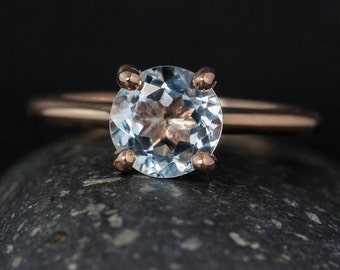 Rose Gold Blue Aquamarine Solitaire Ring - March Birthstone Ring - Something Blue