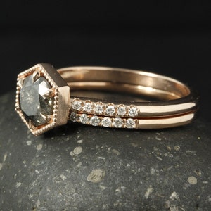 Rose Gold Smoky Grey Diamond Ring, Brilliant Cut Diamond, Micro Pave Diamond Wedding Band, Art Deco Hexagon Ring, 6 Prong Ring image 2