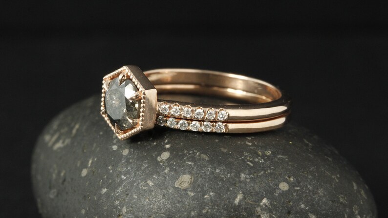 Rose Gold Smoky Grey Diamond Ring, Brilliant Cut Diamond, Micro Pave Diamond Wedding Band, Art Deco Hexagon Ring, 6 Prong Ring image 2