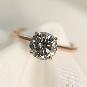 1.50 Carats Rose Gold Round Brilliant Cut Grey Moissanite Engagement Ring, Under Halo, Low Profile Ring, Alternative Bridal