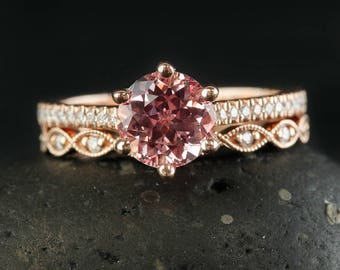 Rose Gold Peach Sapphire 6 Prong Solitaire Ring, Art Deco Leaf Milgrain Wedding Band, Round Sapphire Wedding Set