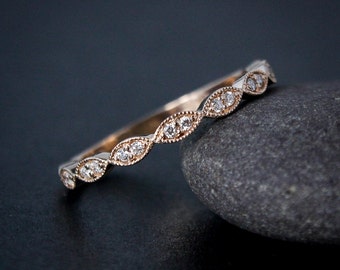 Rose Gold Lab Grown Diamond Wedding Band - Double Diamond Milgrain Leaf Wedding Band - Boho Bride