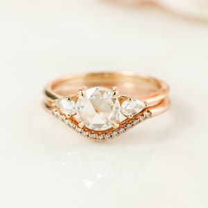 Yellow Gold Rose Cut 3 Stone Moissanite Engagement Ring, Art Deco Moissanite Ring, Micro Pave Curved Wedding Band, Alternative Bridal Rings