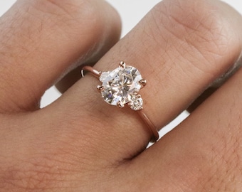 Rose Gold Prong Set 3 Stone Oval Moissanite Engagement Ring, Forever One Moissanite Trilogy Wedding Ring, Unique Conflict Free Ring