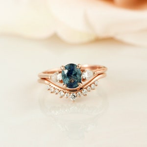 Oval Teal Sapphire Engagement Ring Set: Rose Gold Curved Wedding Band