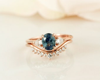 Oval Teal Sapphire Engagement Ring Set: Rose Gold Curved Wedding Band