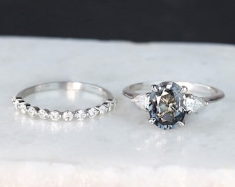 Three Stone Grey Spinel Ring, Forever One Colorless Moissanite, Bridal Wedding Ring Set, Grey Diamond Ring