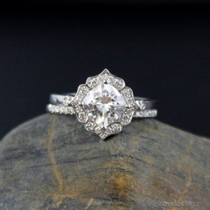 Forever One Cushion Halo Diamond Engagement Ring Wedding Set Vintage Flower Halo Scallop Halo image 1