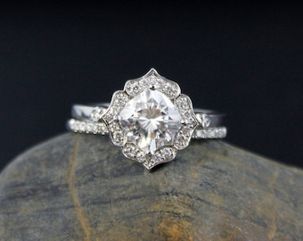 Forever One Cushion Halo Diamond Engagement Ring Wedding Set- Vintage Flower Halo - Scallop Halo