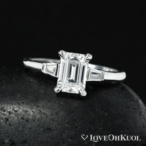 Emerald Cut Forever One Moissanite Engagement Ring - Baguette Diamonds - Modern Engagement Ring