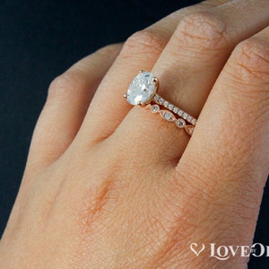 Forever One Oval Moissanite Engagement Ring Set, Oval Wedding Ring Set, Milgrain Wedding Band, Moissanite Ring image 4