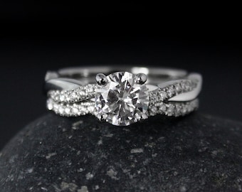 IGI Certified Lab Grown Diamond Engagement Ring Set: 14K White Gold Twisted Band