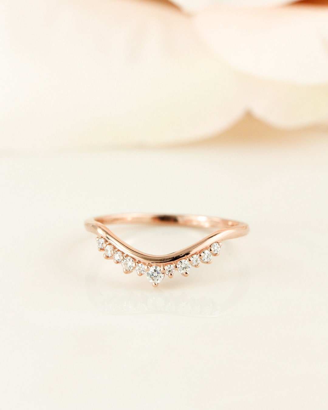 Rose Gold Colorless Moissanite Curved Band, Crown Wedding Band, Prong ...