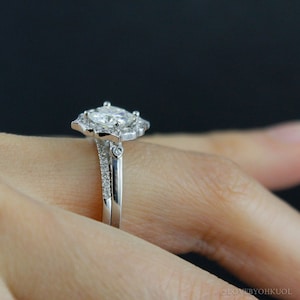 Forever One Cushion Halo Diamond Engagement Ring Wedding Set Vintage Flower Halo Scallop Halo image 4